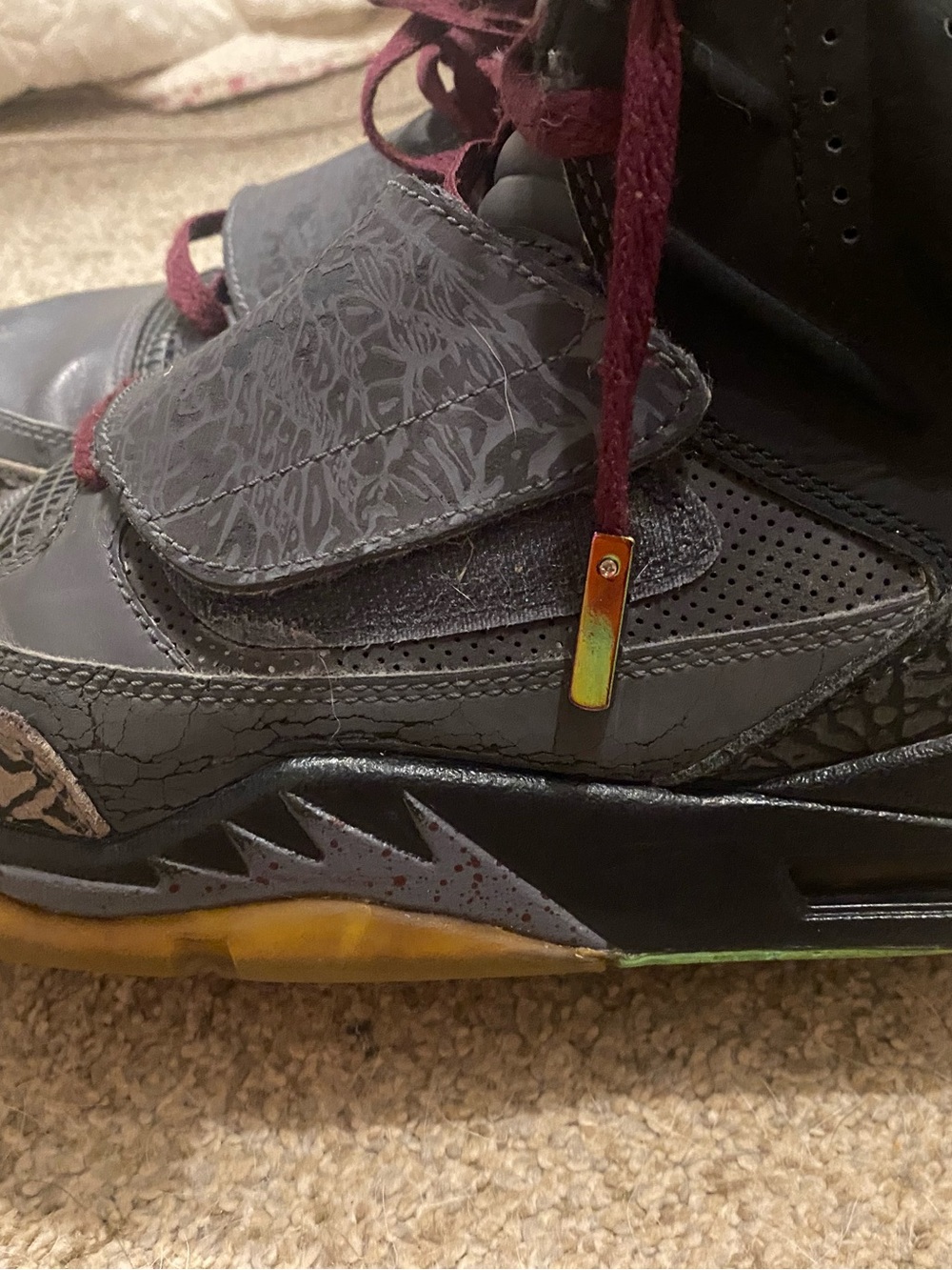Jordan 2012’s Burgundy and Gray High-Top Sneakers with yellow and teal Accents. - Picture 7 of 11